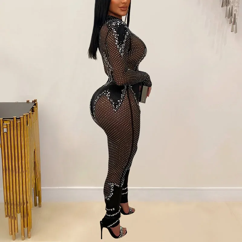 Rhinestone High Neck Sheer Mesh Jumpsuit