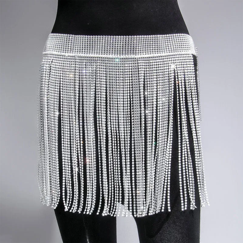 Rhinestone High Waist Tassel Design Skirt