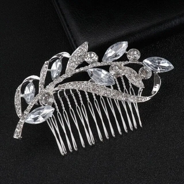 Rhinestone Leaf Crystal Silver Hair Comb, Wedding Crystal Decorative Hair Comb, Bridal Rhinestone Gem Hairpiece