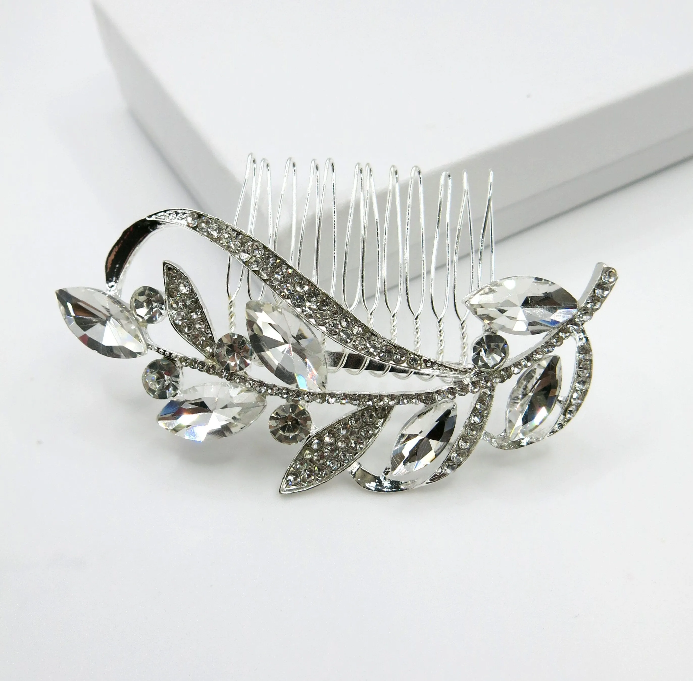 Rhinestone Leaf Crystal Silver Hair Comb, Wedding Crystal Decorative Hair Comb, Bridal Rhinestone Gem Hairpiece