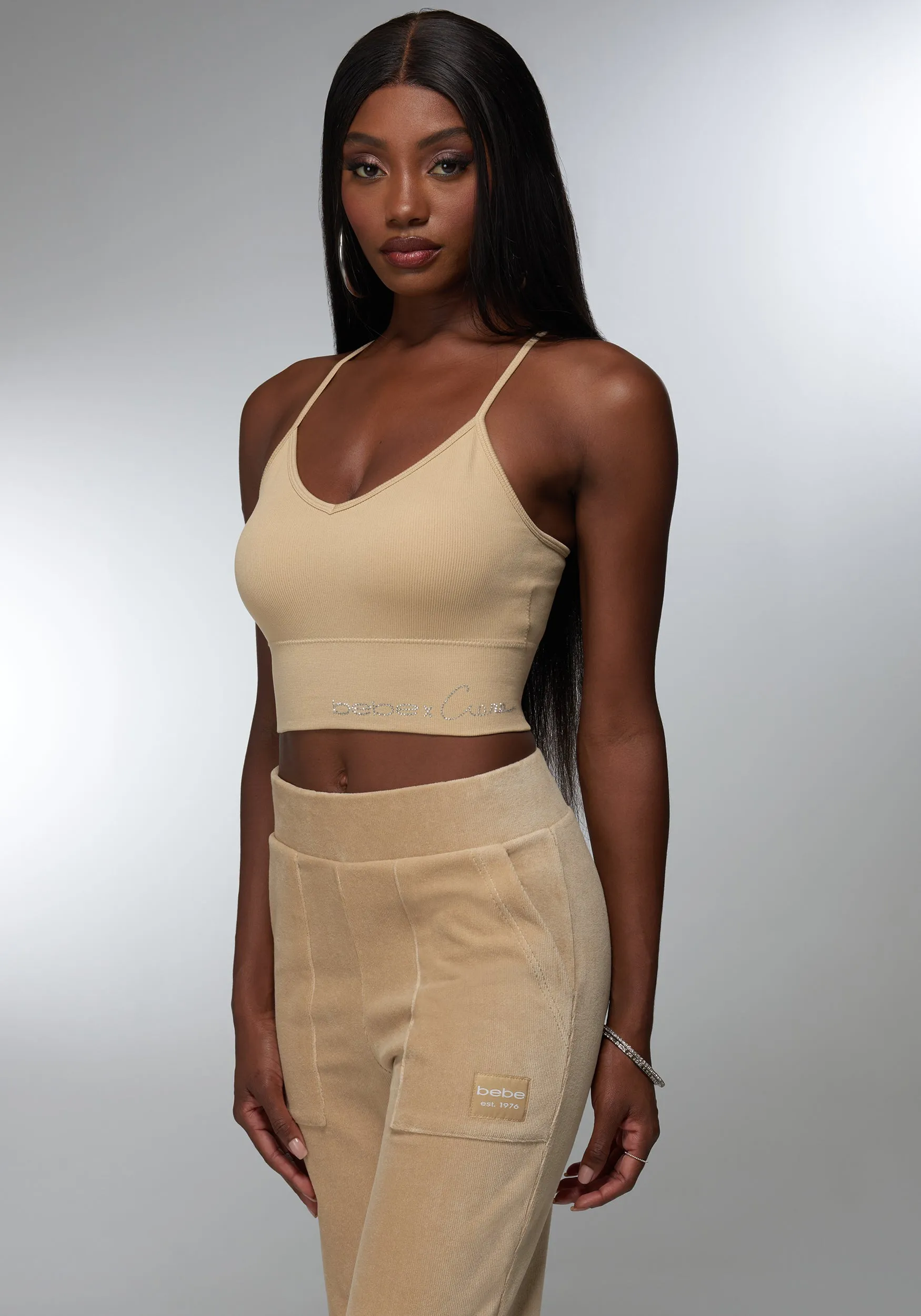 Rhinestone Logo V Neck Bra Tank