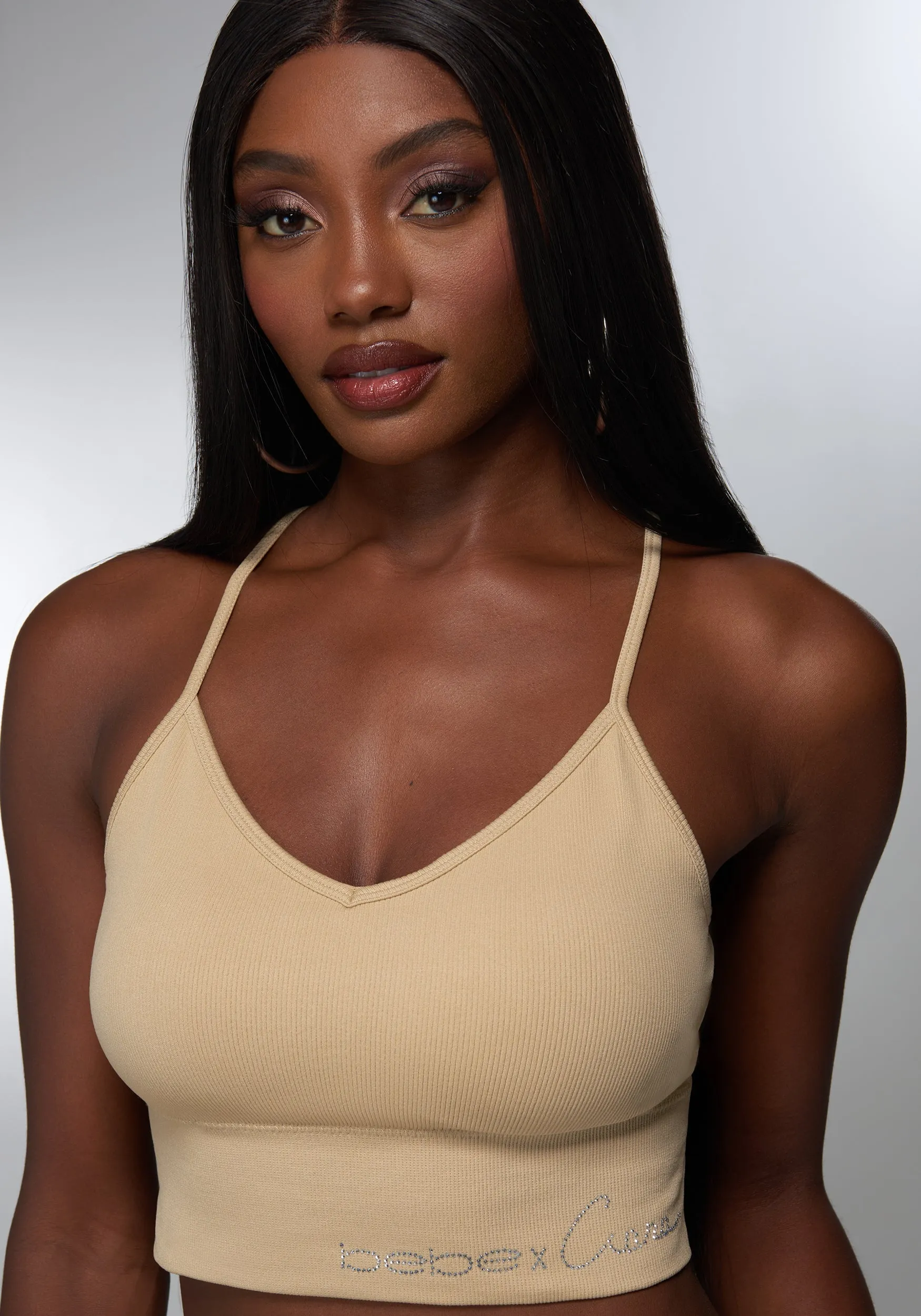Rhinestone Logo V Neck Bra Tank