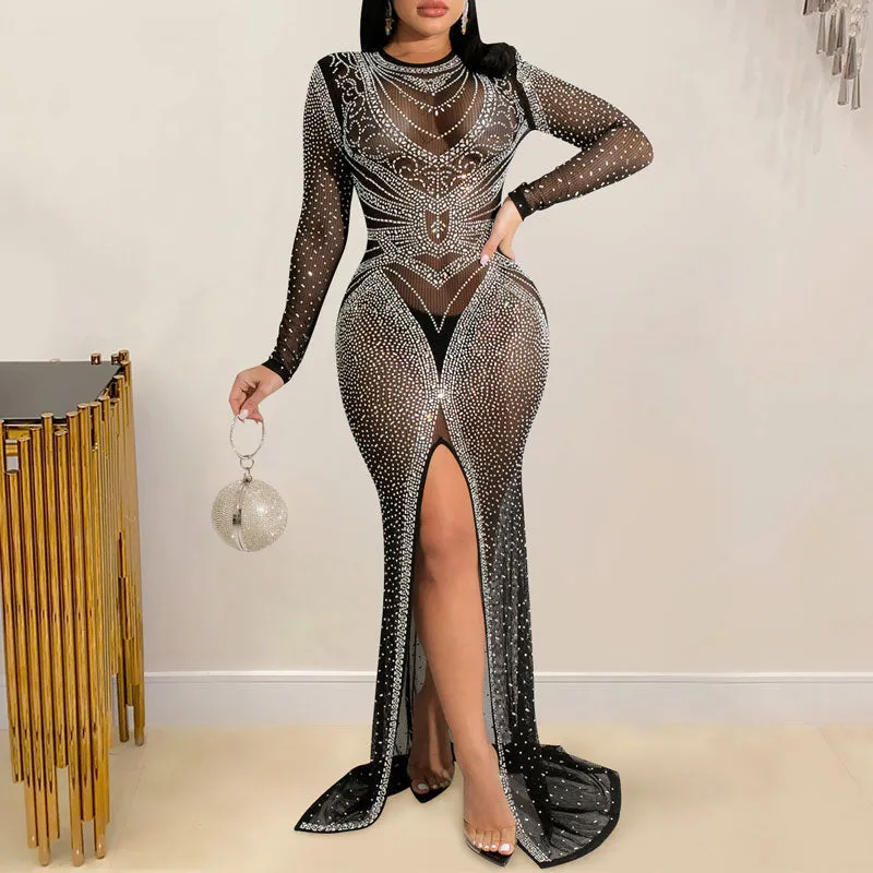 Rhinestone Long Sleeve Sheer Mesh High Slit Floor-Length Dress