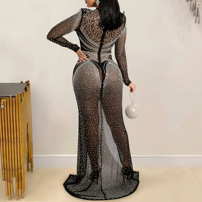 Rhinestone Long Sleeve Sheer Mesh High Slit Floor-Length Dress