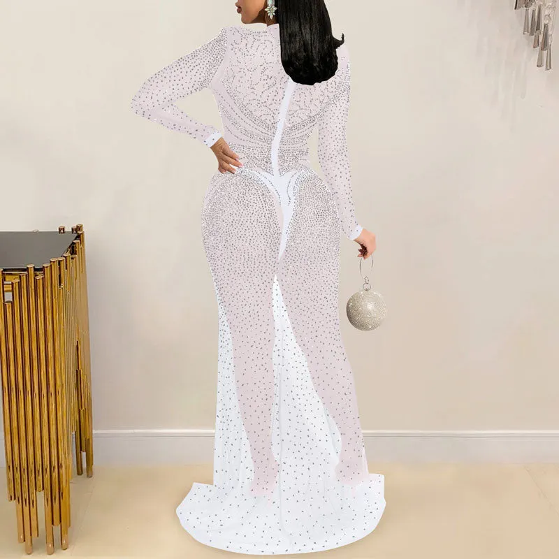 Rhinestone Long Sleeve Sheer Mesh High Slit Floor-Length Dress