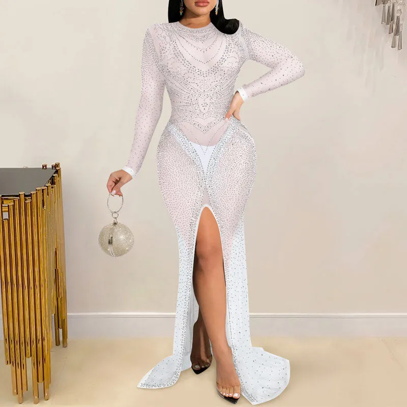 Rhinestone Long Sleeve Sheer Mesh High Slit Floor-Length Dress
