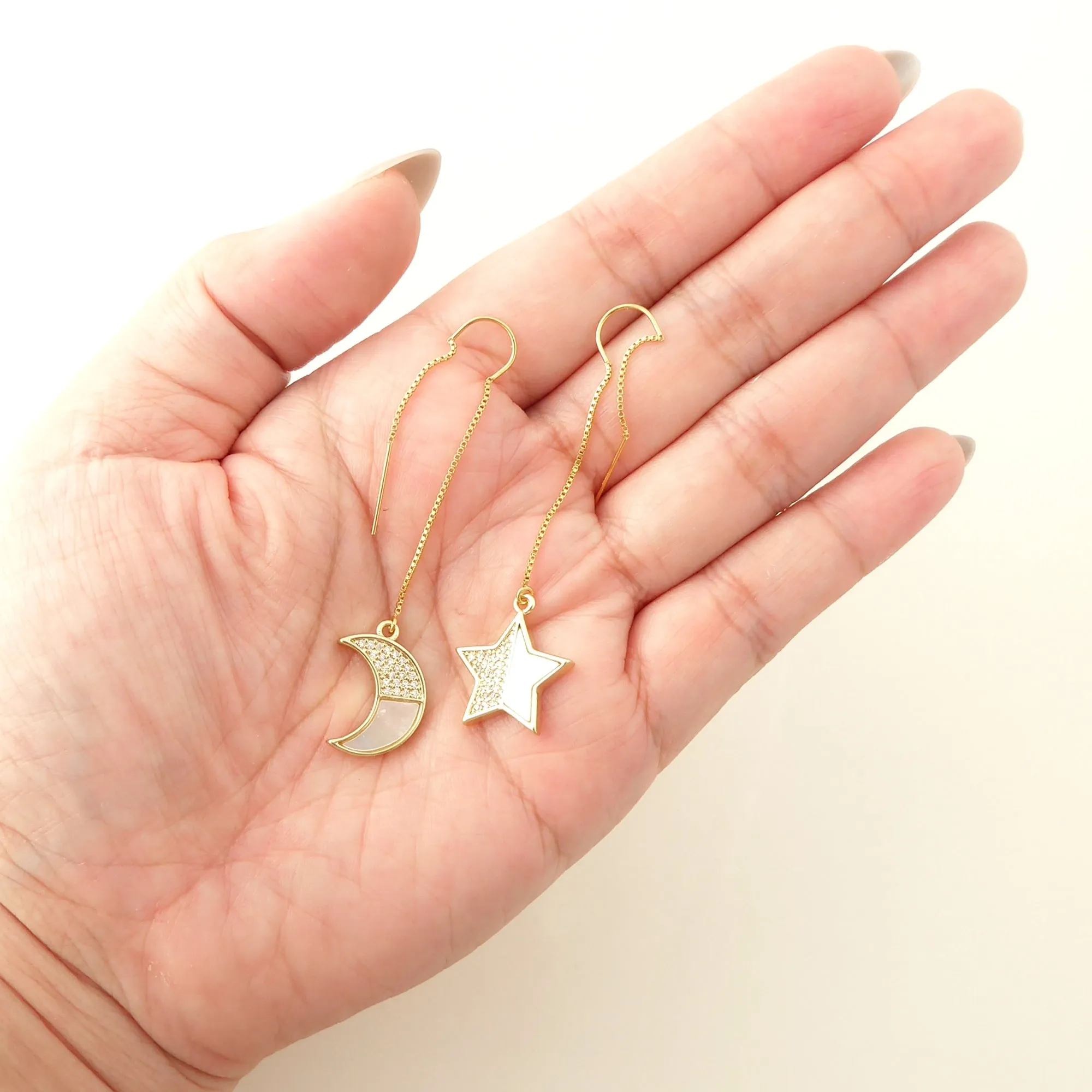 Rhinestone moon and star threader earrings
