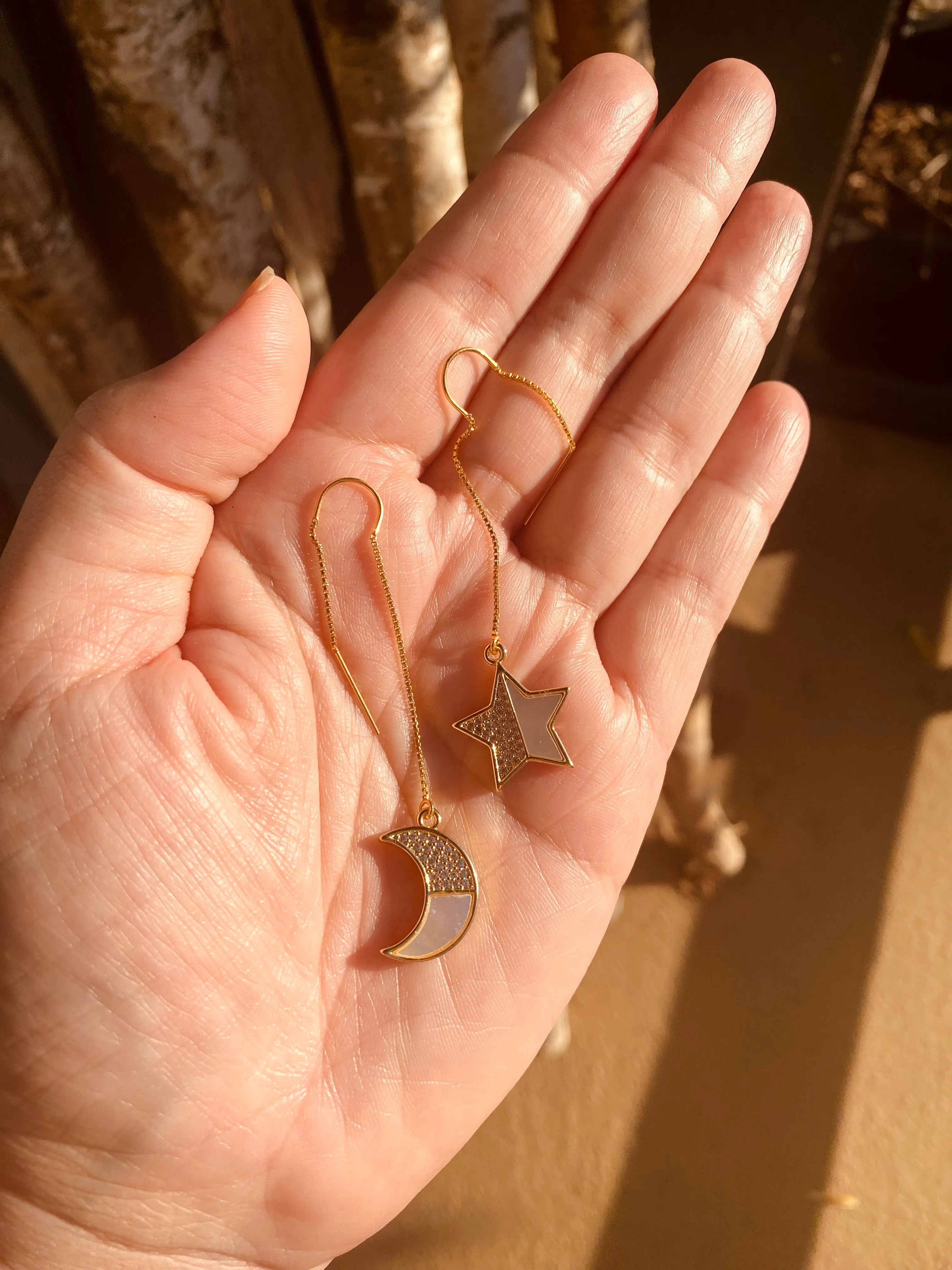 Rhinestone moon and star threader earrings