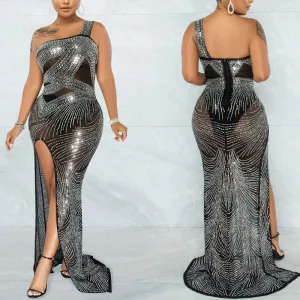 Rhinestone One  Shoulder Sleeveless High Slit Maxi Dress
