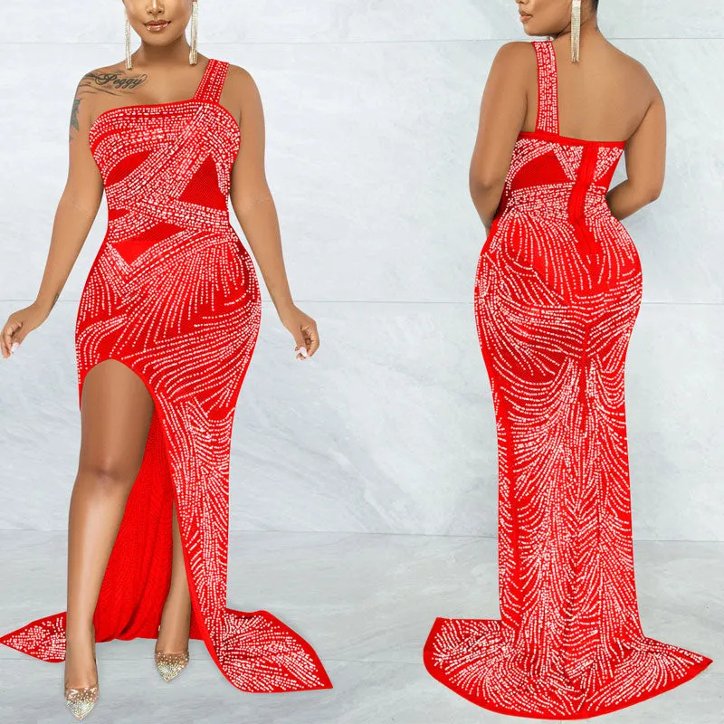 Rhinestone One  Shoulder Sleeveless High Slit Maxi Dress