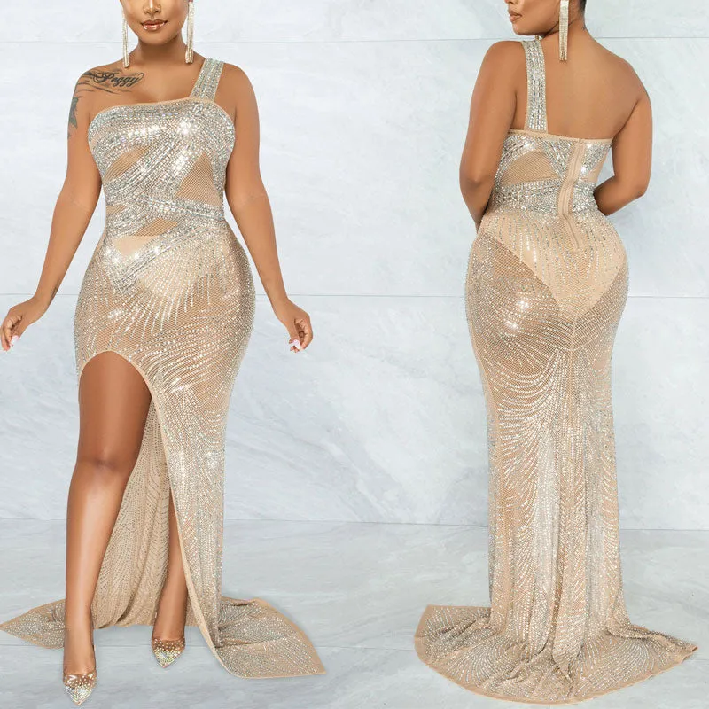 Rhinestone One  Shoulder Sleeveless High Slit Maxi Dress
