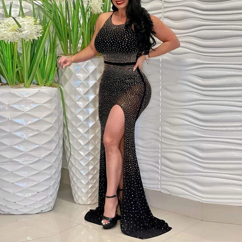 Rhinestone Sleeveless High Slit Maxi Dress