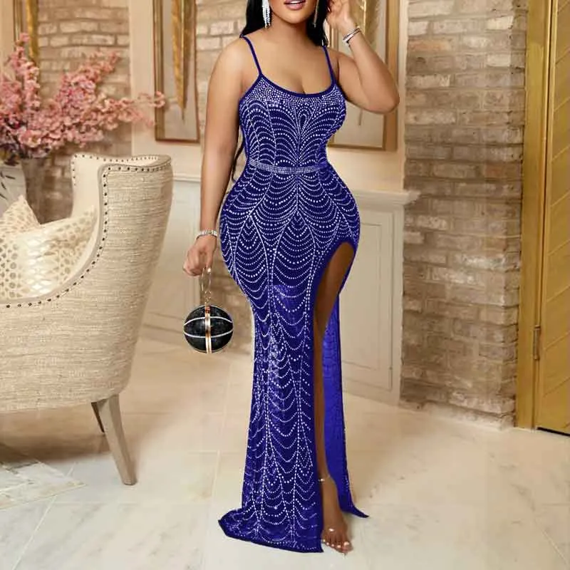 Rhinestone Sleeveless High Slit Spaghetti Strap Maxi Dress
