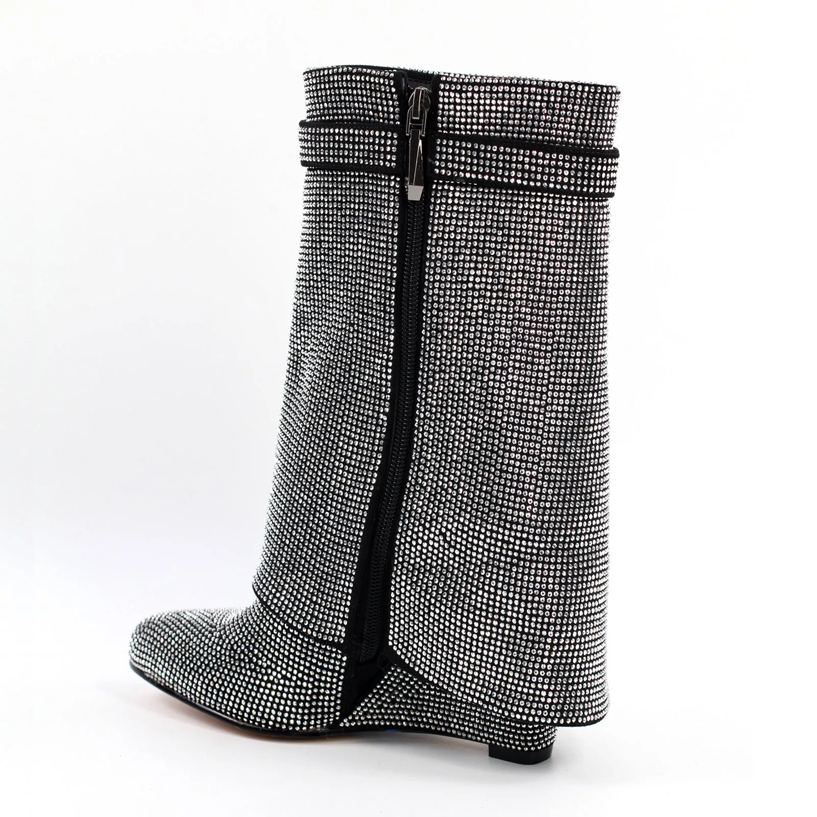Rhinestone Wedge Fold Over Mid-Calf Boots