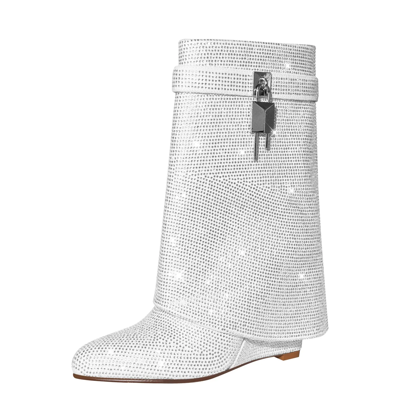 Rhinestone Wedge Fold Over Mid-Calf Boots