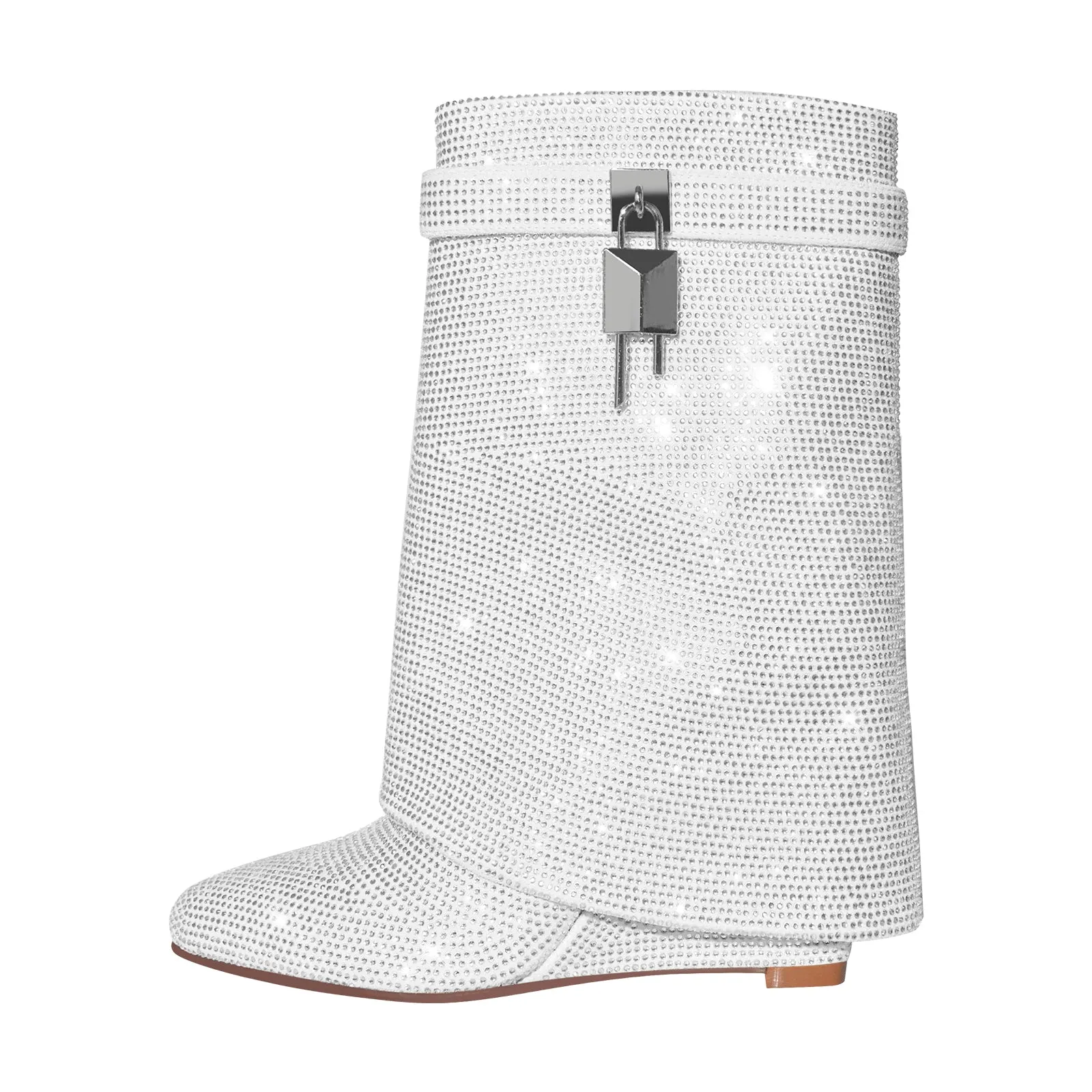 Rhinestone Wedge Fold Over Mid-Calf Boots
