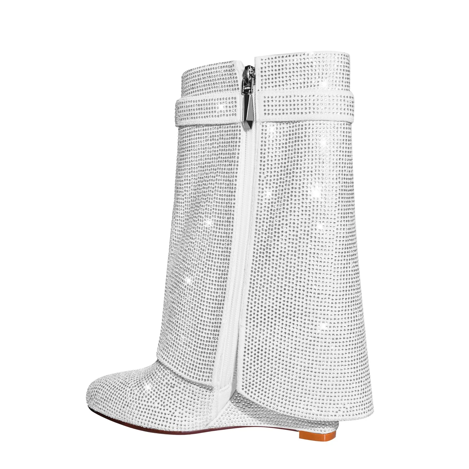 Rhinestone Wedge Fold Over Mid-Calf Boots