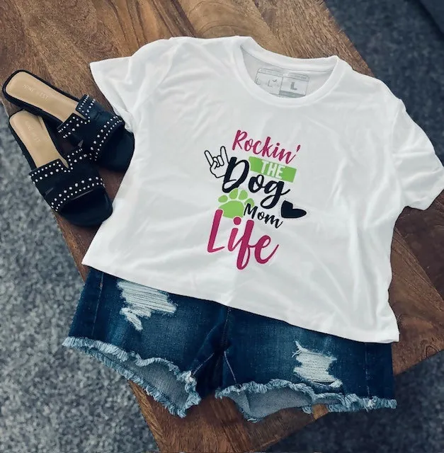 Rockin The Dog Mom Life Cropped T-Shirt with Rhinestones
