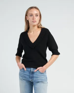 romantic v neck elbow length sleeves top - deep black