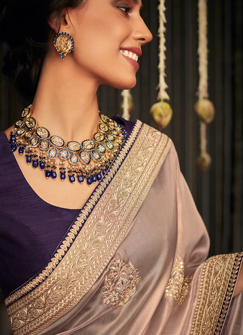 Rose Gold And Purple Embroidered Organza Silk Saree