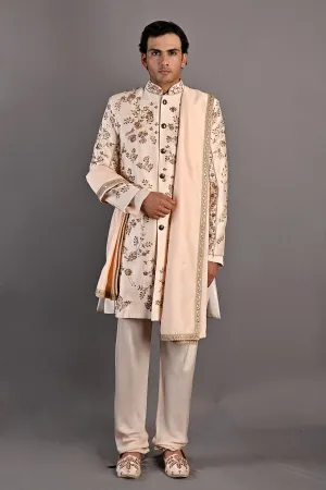 Rosen - Peach Hand Embroidered Sherwani Jacket set