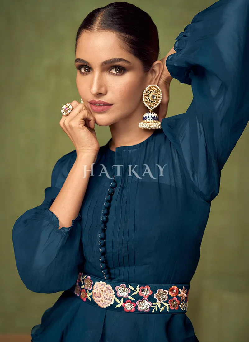Royal Blue Floral Embroidered Peplum Style Lehenga Choli