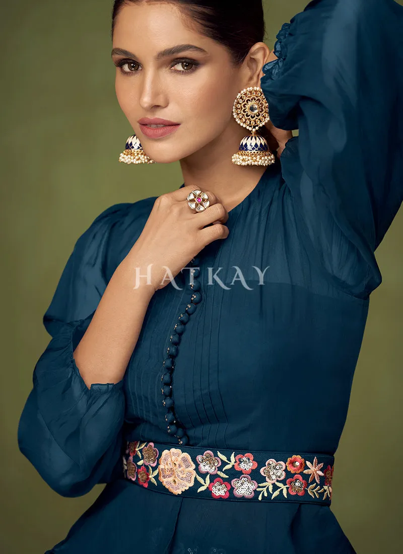 Royal Blue Floral Embroidered Peplum Style Lehenga Choli