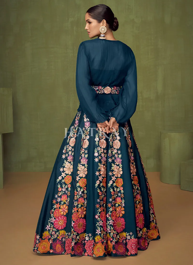 Royal Blue Floral Embroidered Peplum Style Lehenga Choli