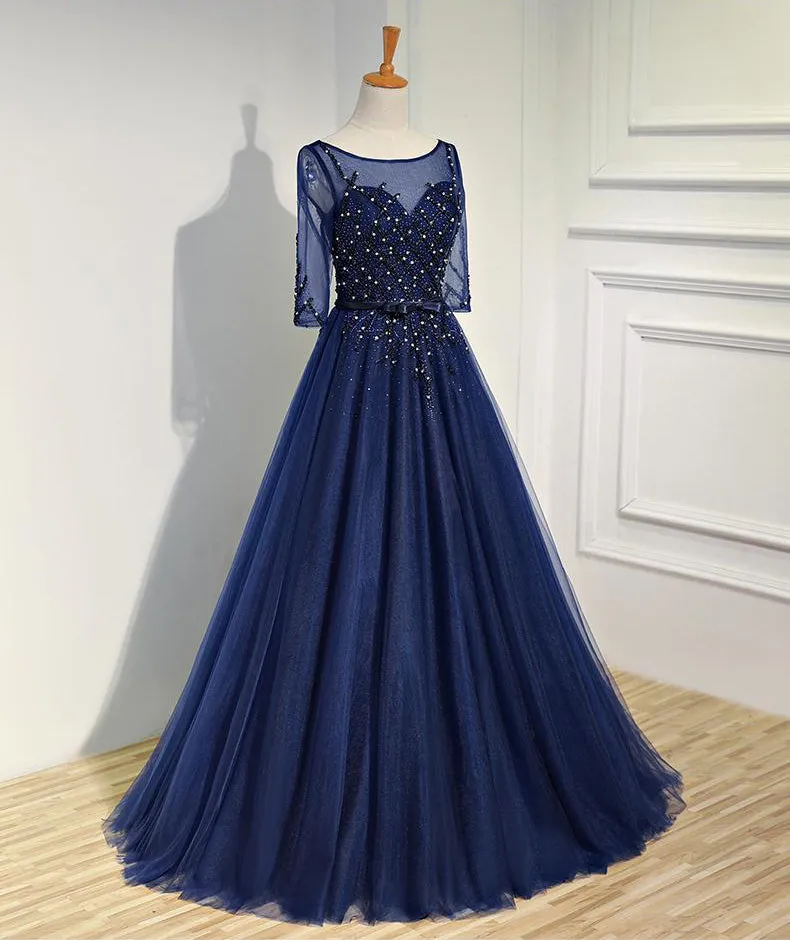 Royal Blue Half Sleeve Tulle Prom Dress,Sparkly Rhinestone Prom Dress,Evening Party Dress,Charming Prom Dresses,Formal Prom Dresses,