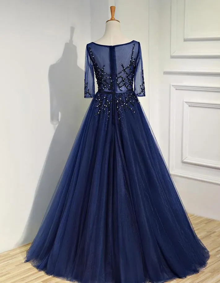 Royal Blue Half Sleeve Tulle Prom Dress,Sparkly Rhinestone Prom Dress,Evening Party Dress,Charming Prom Dresses,Formal Prom Dresses,