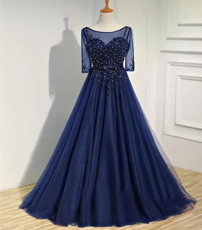 Royal Blue Half Sleeve Tulle Prom Dress,Sparkly Rhinestone Prom Dress,Evening Party Dress,Charming Prom Dresses,Formal Prom Dresses,