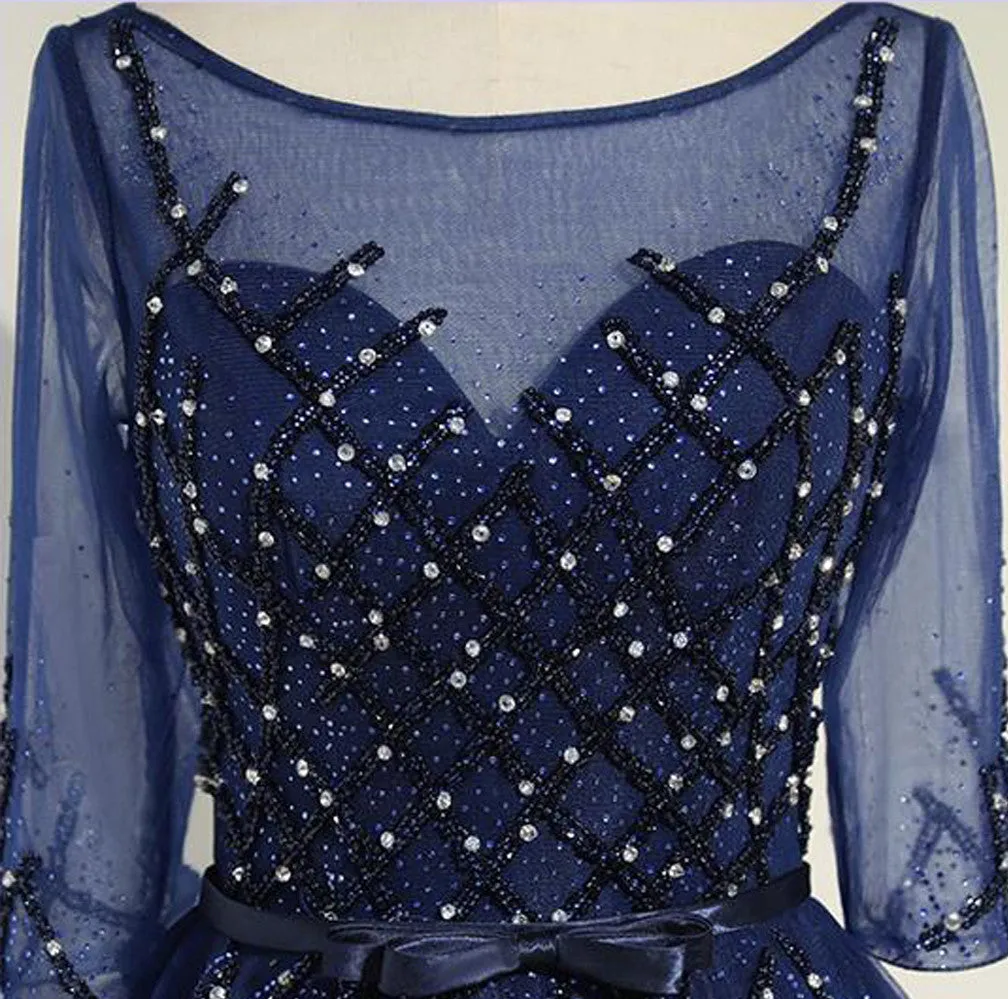Royal Blue Half Sleeve Tulle Prom Dress,Sparkly Rhinestone Prom Dress,Evening Party Dress,Charming Prom Dresses,Formal Prom Dresses,