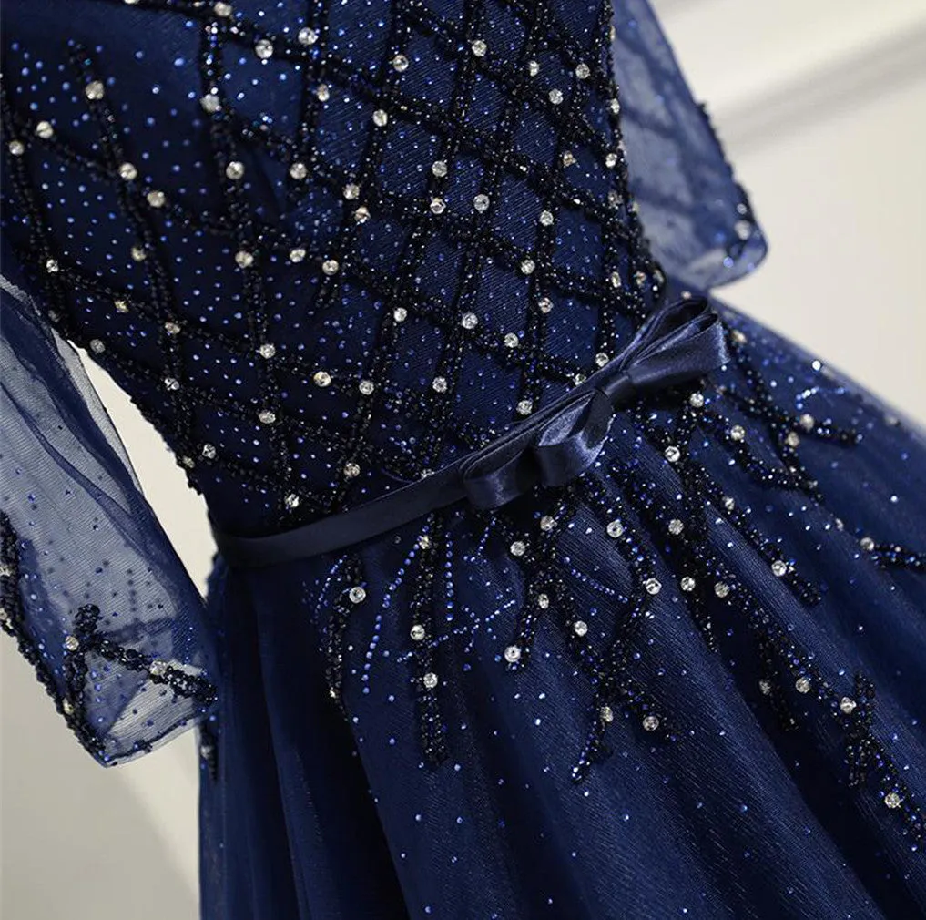 Royal Blue Half Sleeve Tulle Prom Dress,Sparkly Rhinestone Prom Dress,Evening Party Dress,Charming Prom Dresses,Formal Prom Dresses,