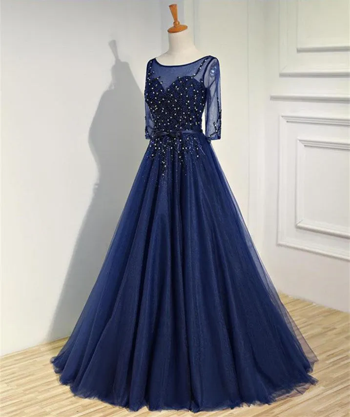 Royal Blue Half Sleeve Tulle Prom Dress,Sparkly Rhinestone Prom Dress,Evening Party Dress,Charming Prom Dresses,Formal Prom Dresses,