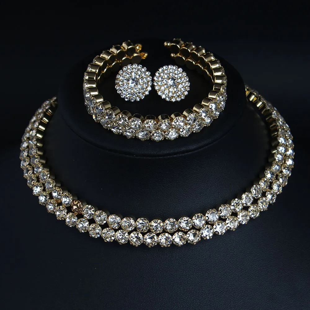 Roycebridal Wedding Jewelry Set Three-piece Bride Rhinestone Double Row Earrings Necklace Bracelet Set Necklace Female Necklace Accessories