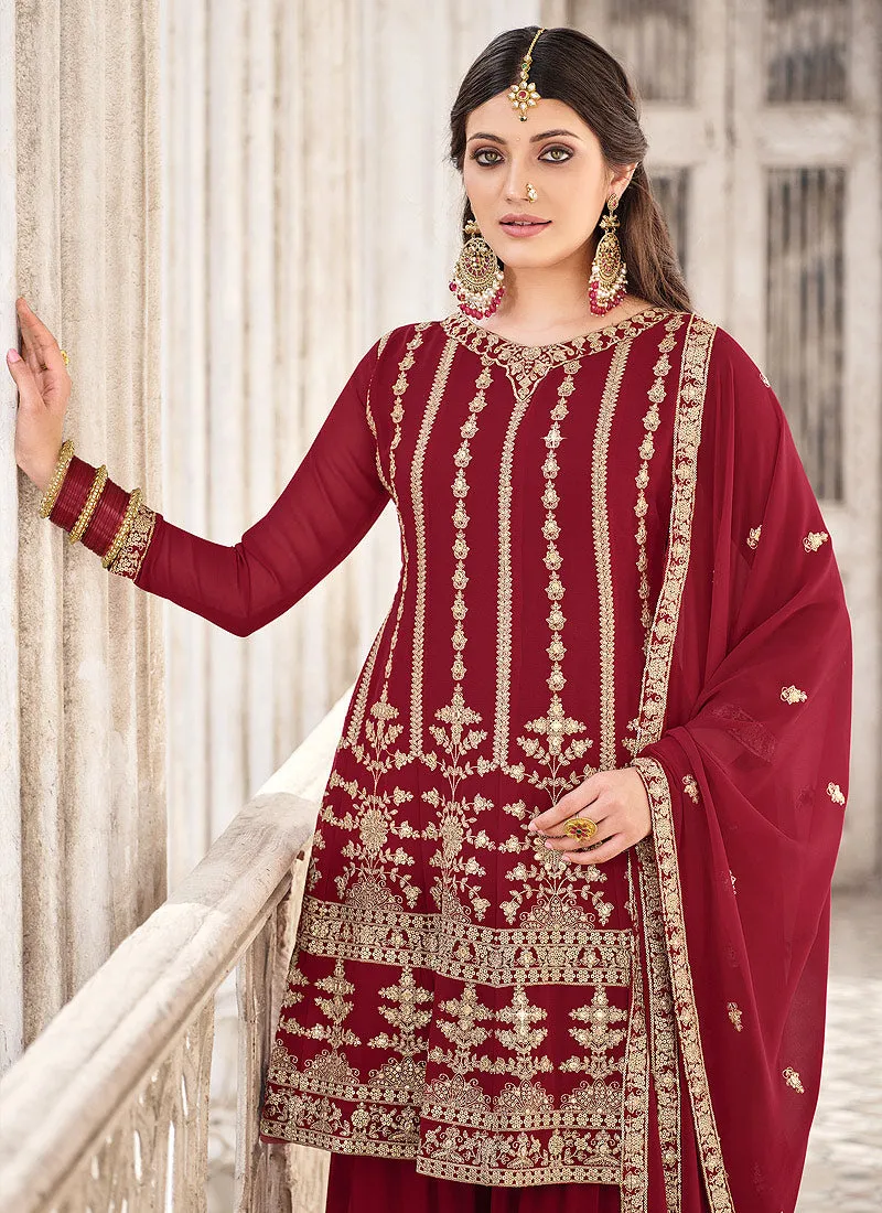 Ruby Red Embroidered Designer Palazzo Suit
