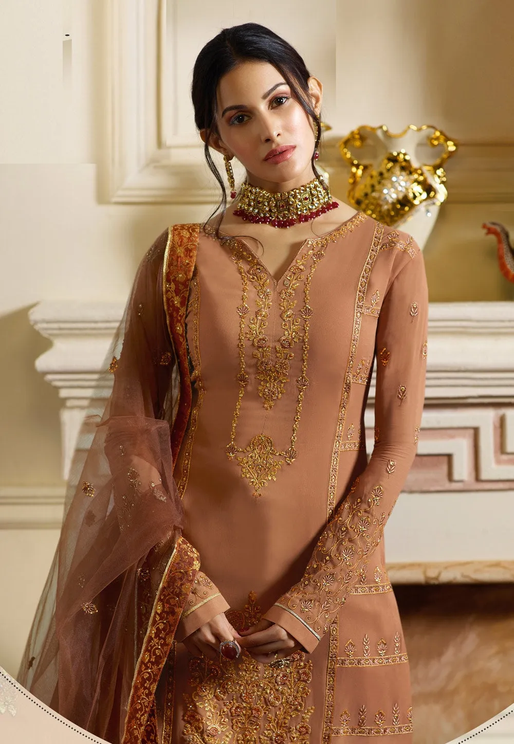 Rustic Orange Traditional Embroidered Gharara Suit