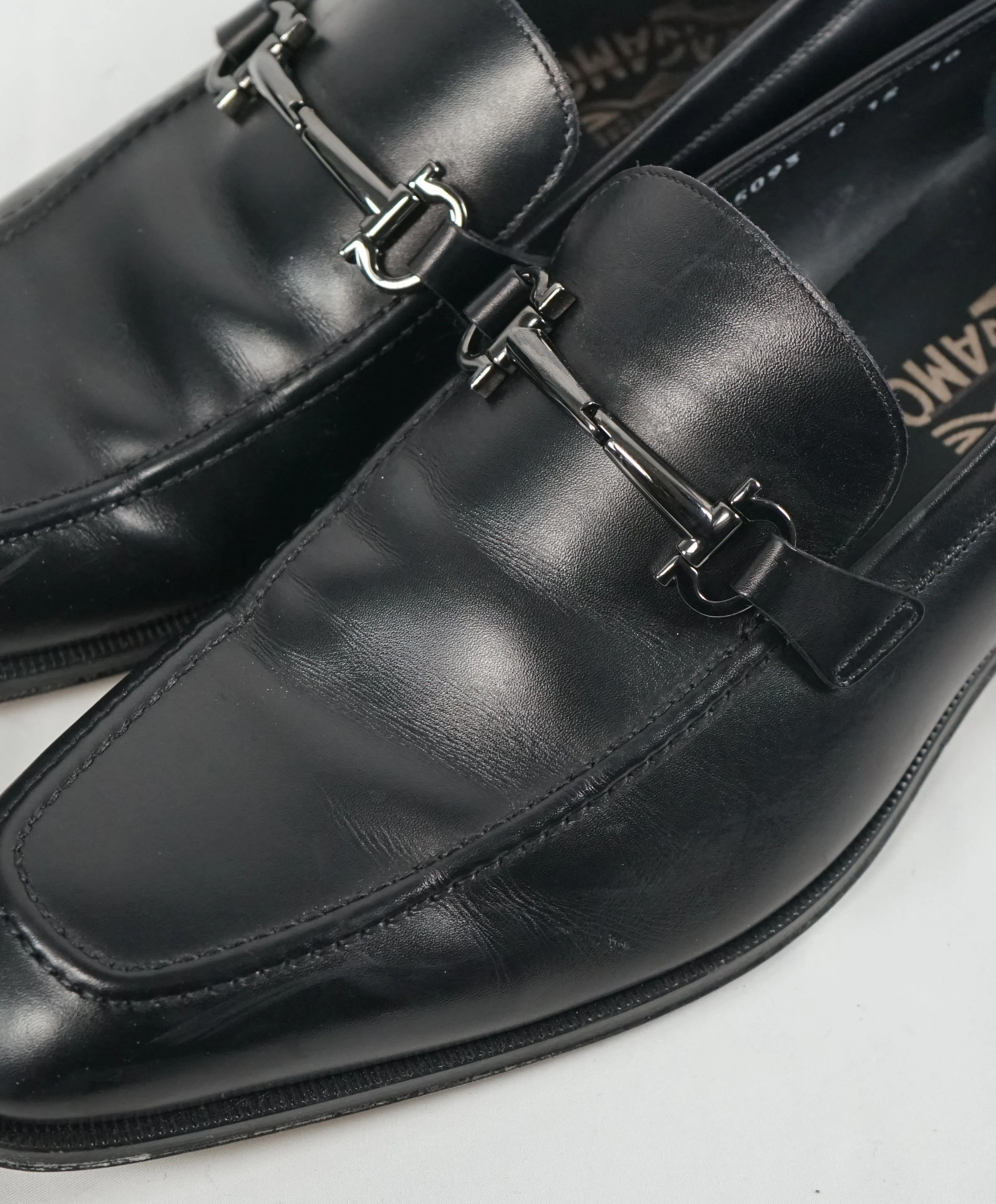SALVATORE FERRAGAMO - Classic Black “Fenice" Slip On Bit Loafers - 10 D