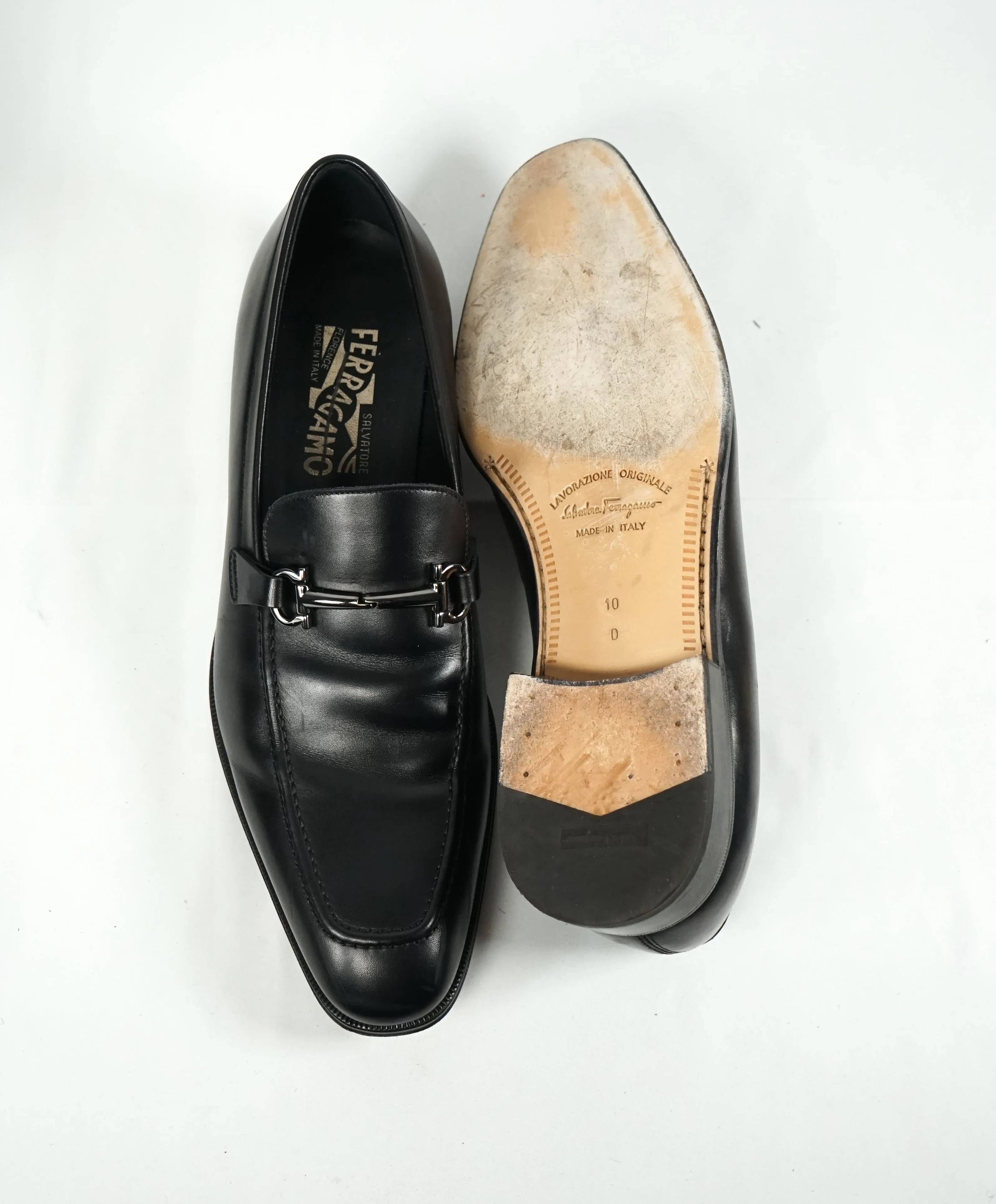 SALVATORE FERRAGAMO - Classic Black “Fenice" Slip On Bit Loafers - 10 D