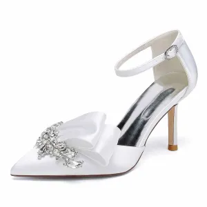 Satin Heels Ankle Strap Pumps With Beaded Closed Toe Event Shoes