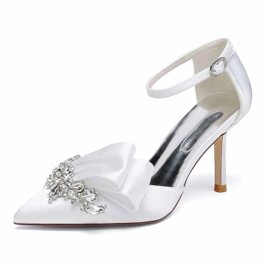 Satin Heels Ankle Strap Pumps With Beaded Closed Toe Event Shoes