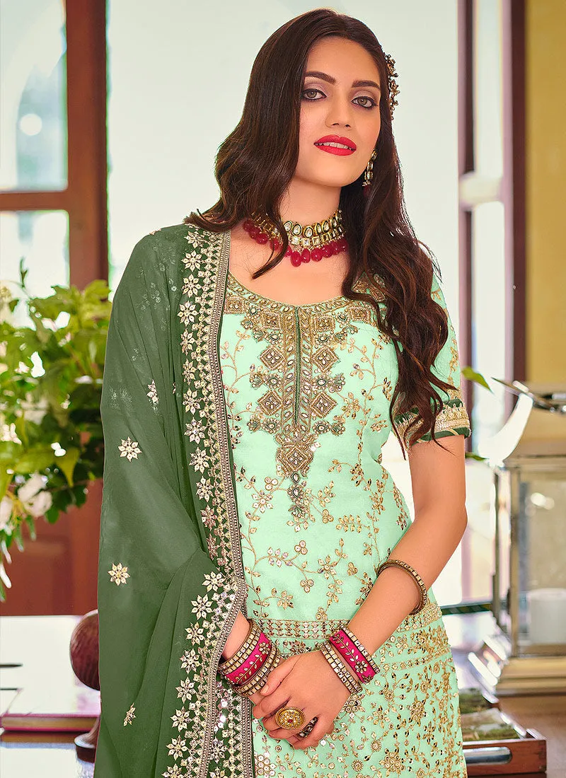 Sea Green And Green Golden Embroidered Wedding Sharara Suit