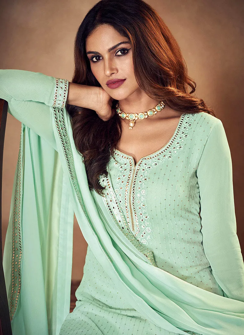 Sea Green Badla Embellished Designer Palazzo Suit