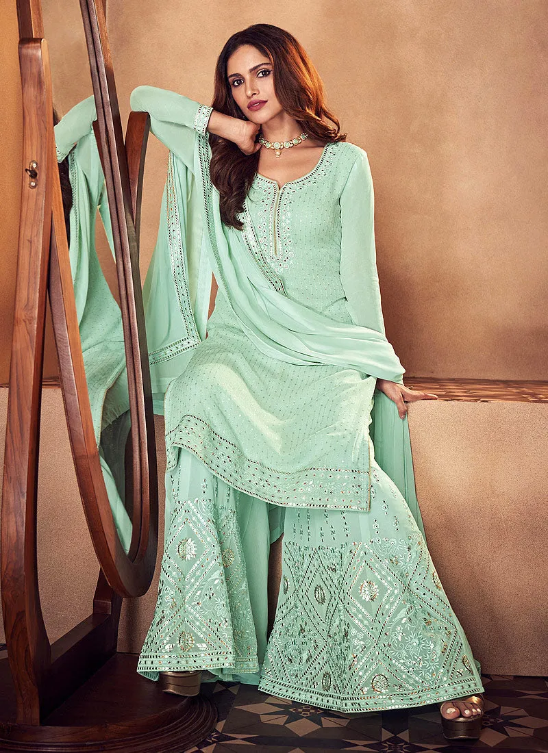 Sea Green Badla Embellished Designer Palazzo Suit