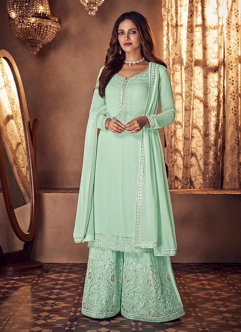 Sea Green Badla Embellished Designer Palazzo Suit