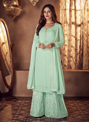 Sea Green Badla Embellished Designer Palazzo Suit