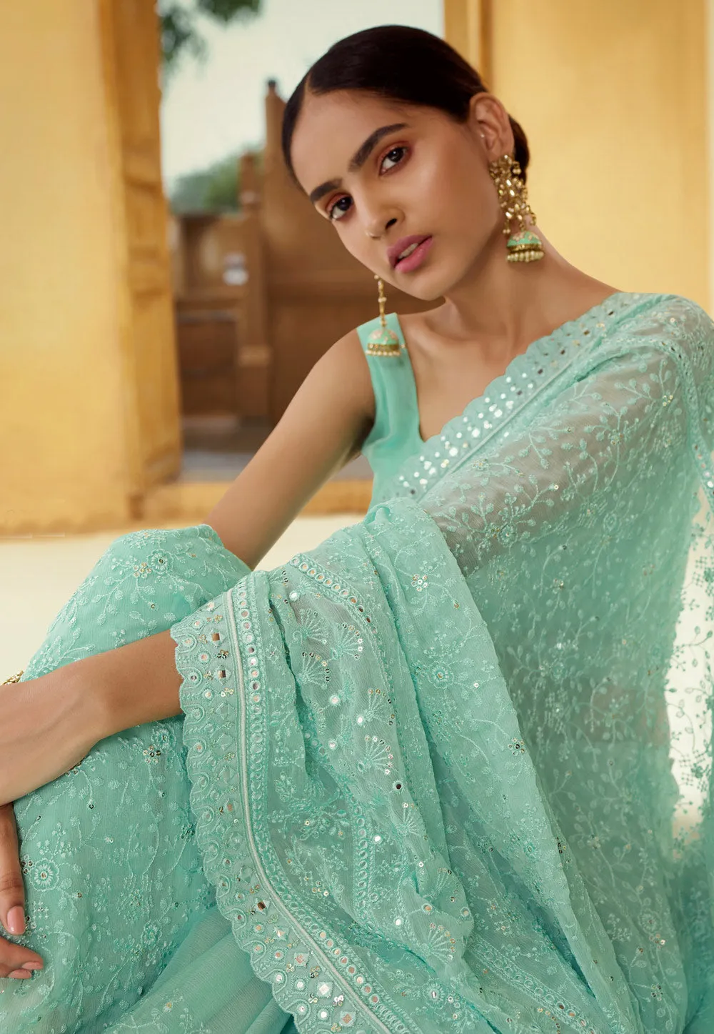 Sea Green Chikankari Embroidered Party Wear Saree