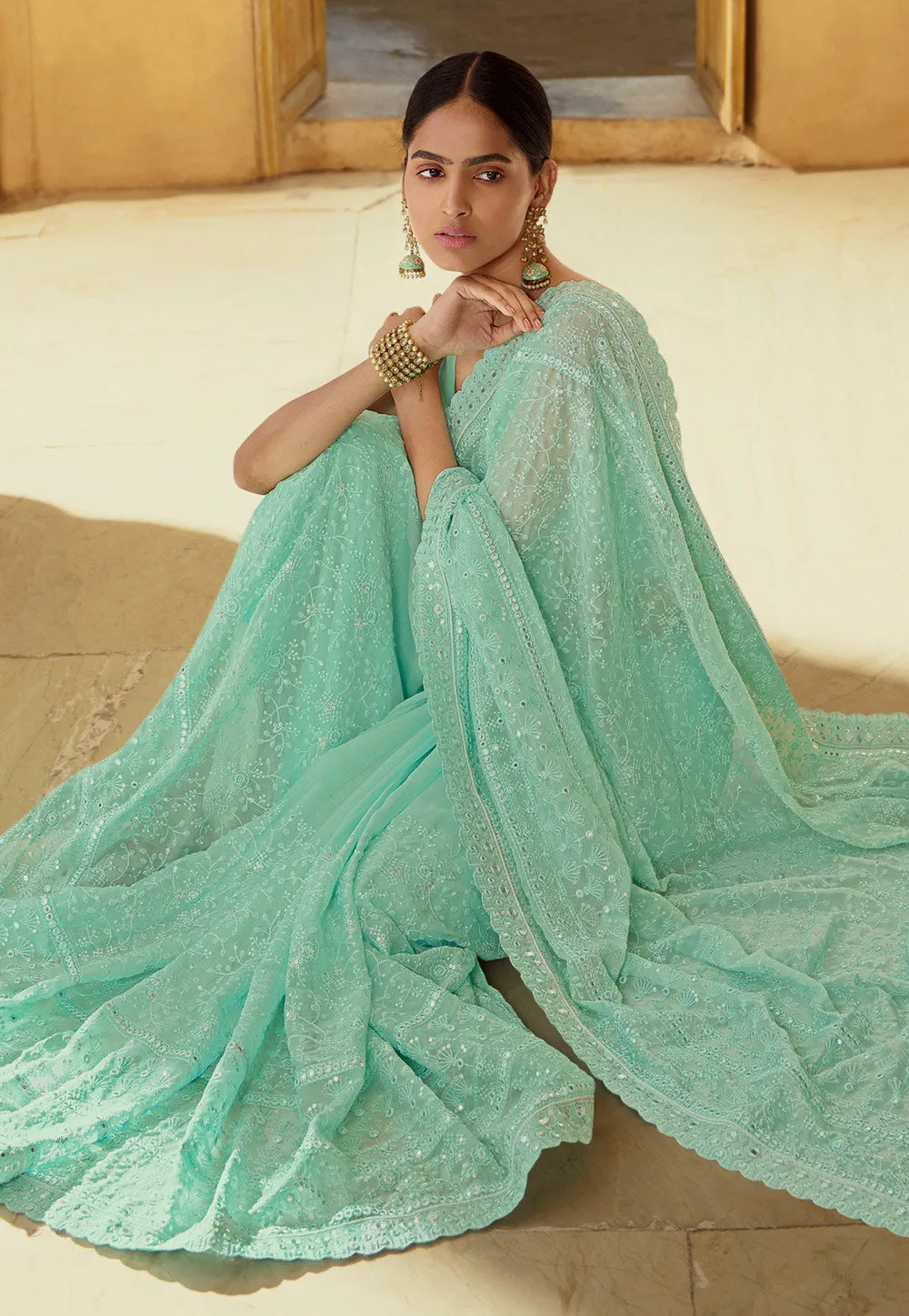 Sea Green Chikankari Embroidered Party Wear Saree