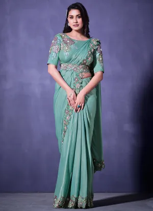 Sea Green Floral Embroidery Wedding Saree