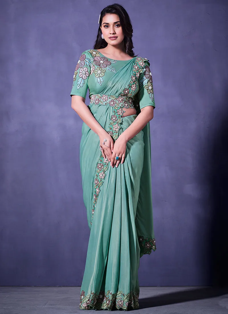Sea Green Floral Embroidery Wedding Saree
